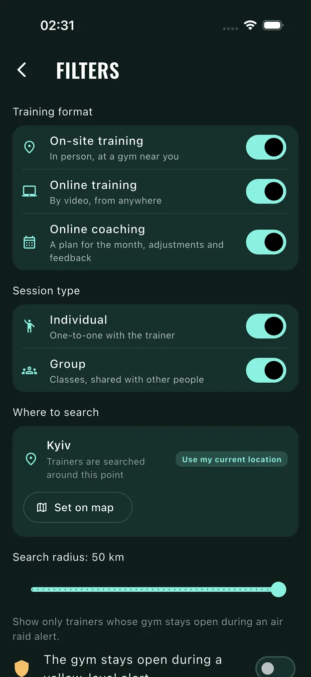 Fitkolo search filters: format, session type, radius and specialties